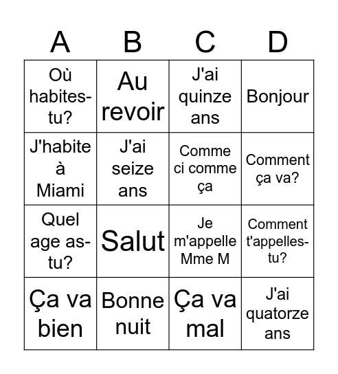 Les Salutations Bingo Card