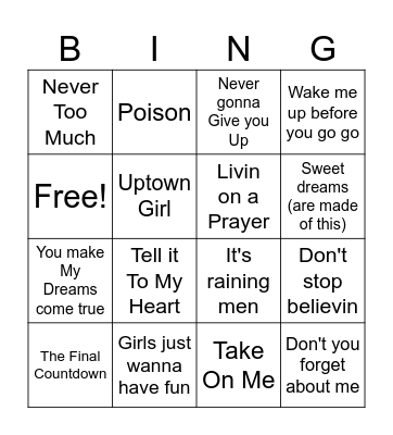 80s Music Bingo Card