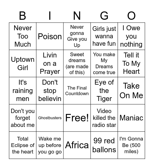 80s Music Bingo Card