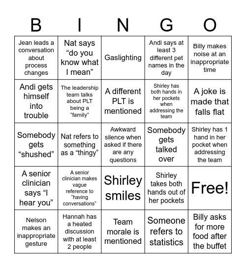 Away Day Bingo Card