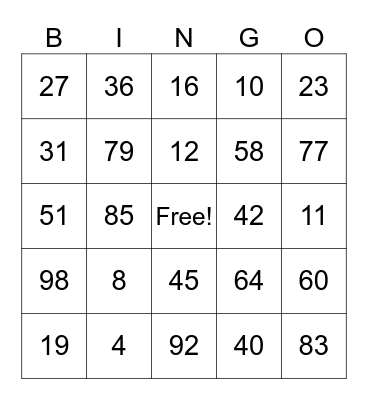 Number Bingo Card