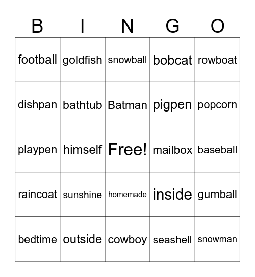 Compound Words Bingo Card