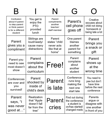 Parent Teacher Conferences Bingo Card