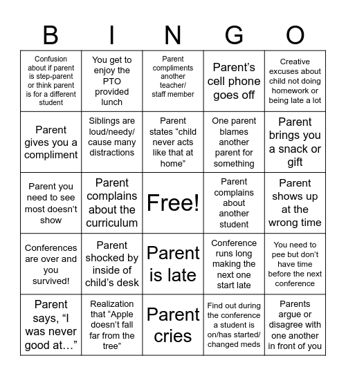 Parent Teacher Conferences Bingo Card