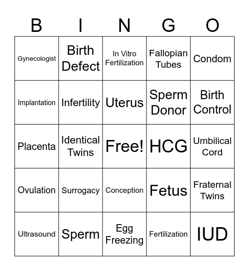 Conception/Fertility Bingo Card