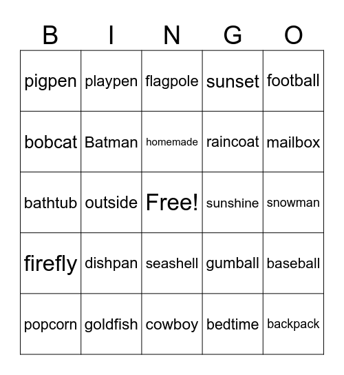 Compound Words Bingo Card
