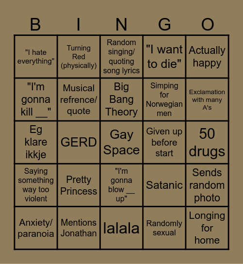 Nila på normal skoledag Bingo Card