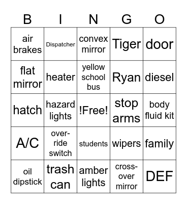 BINGO Transportation Bingo Card