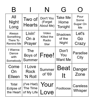 1980's Music Bingo Card