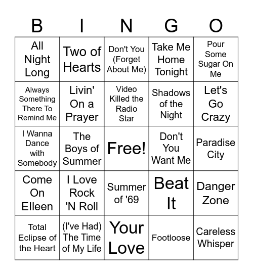 1980's Music Bingo Card