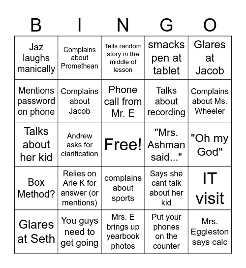 PRE-CALC Bingo Card