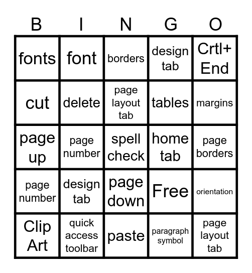 Microsoft Word  Bingo Card