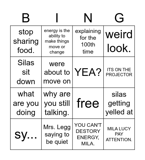 3rd period bingo Card