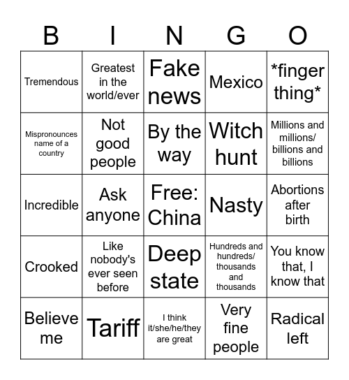 Trump Speech Bingo Card