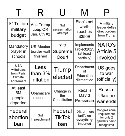 Trump 2nd term Bingo Card