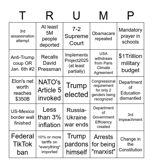 Trump 2nd term Bingo Card