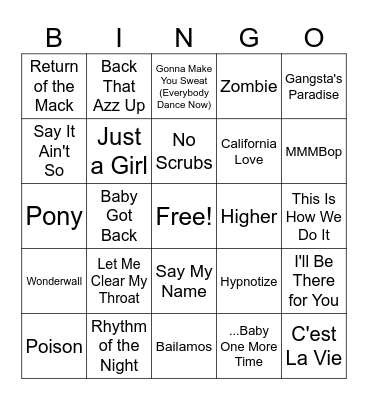 1990's Bingo Card