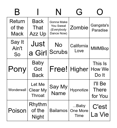 1990's Bingo Card