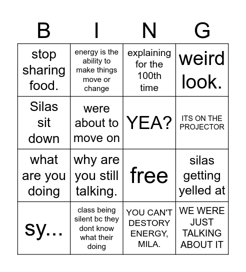 3rd period bingo Card