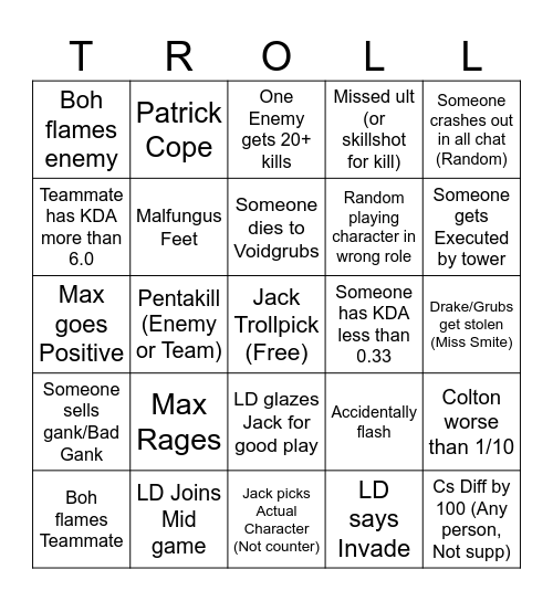 League Bingo Card