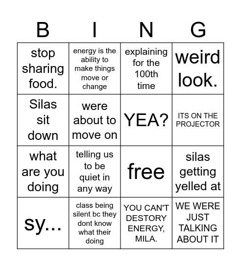 3rd period bingo Card