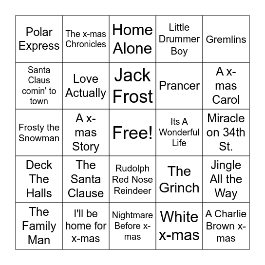 Christmas Movies Bingo Card