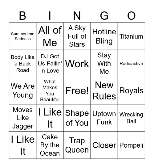 2010's Music Bingo Card