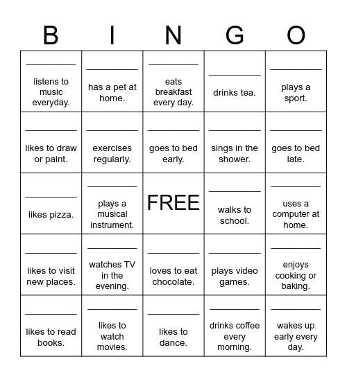 Present Simple 3rd Person Bingo Card