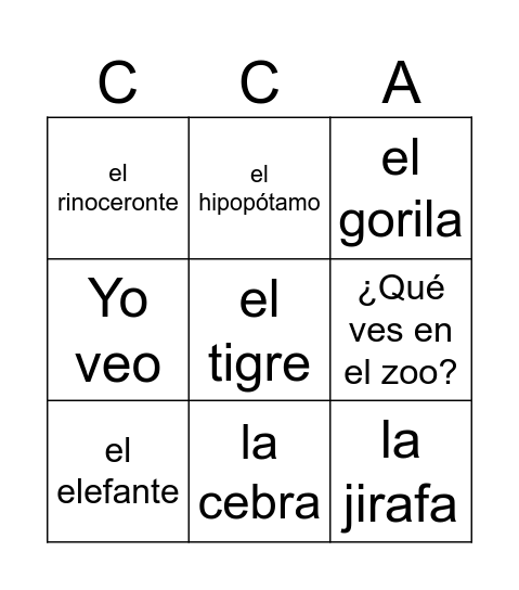 Grade 1: ¡Vamos al Zoológico! Bingo Card