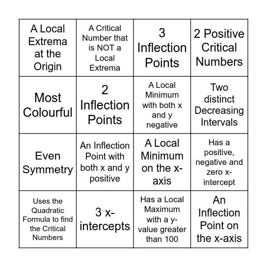 Calculus Curve Sketching Bingo Card