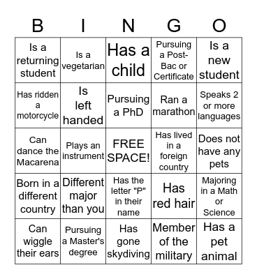 UNCC Center for Graduate Life Wine and Cheese Bingo Card