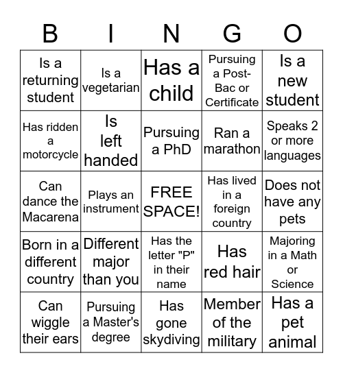 UNCC Center for Graduate Life Wine and Cheese Bingo Card