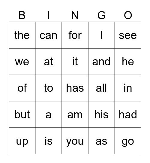 Sight Word Bingo Card