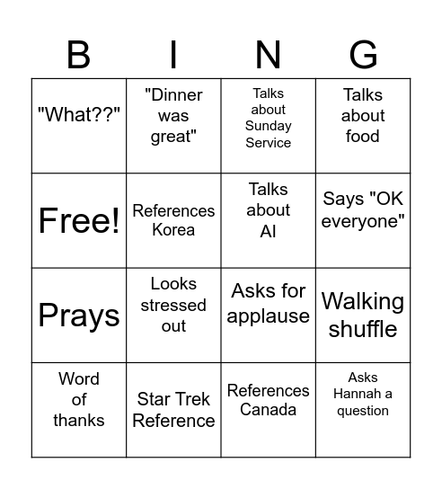 Pastor Isaac Bingo Card