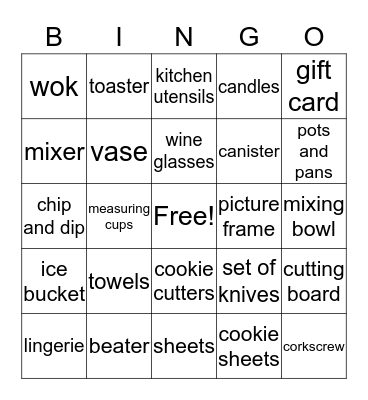 Bridal Shower Gift Bingo Card