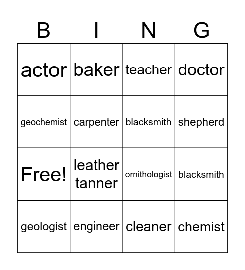 Professions in Class 3 Bingo Card