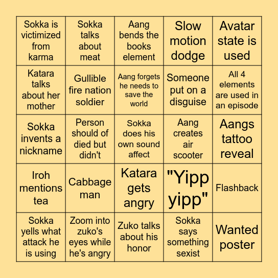 Avatar The Last Air Bender Bingo Card