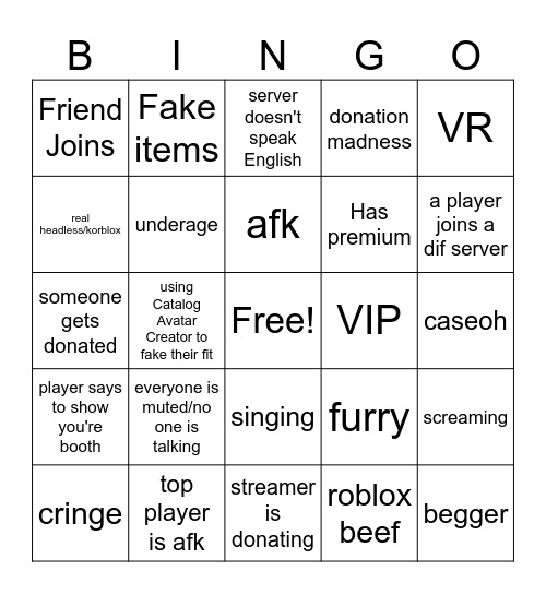 Pls Donate VC server Bingo Card