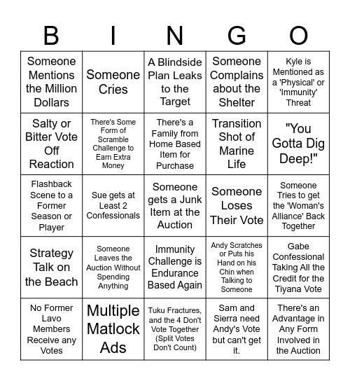 Survivor 47 Episode 8 Bingo Card