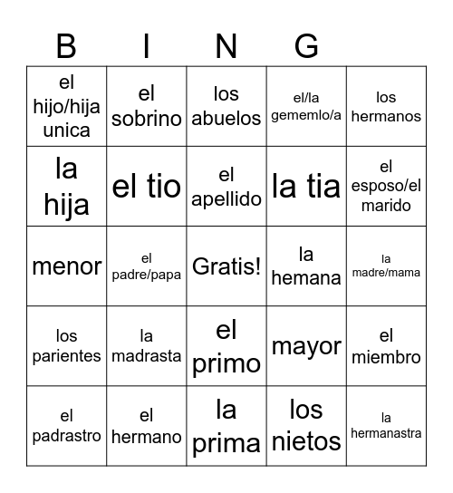 La Familia Unit 2 Bingo Card