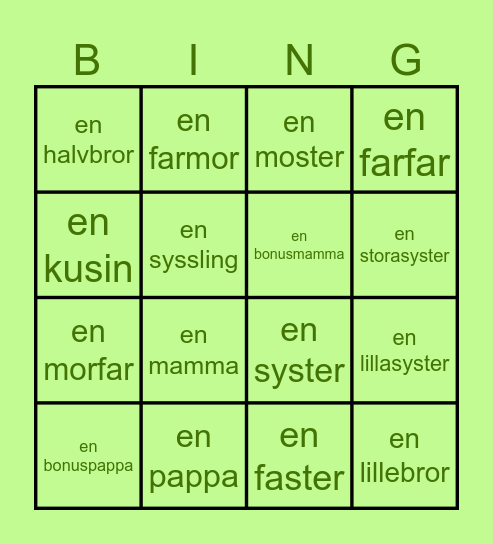 St. 2, Temaord: Familjen Bingo Card