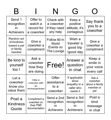 Kindness Bingo Card