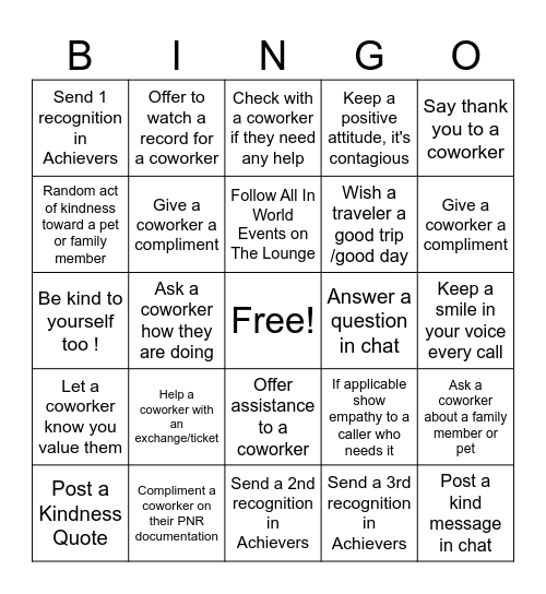 Kindness Bingo Card