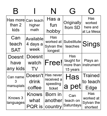 SYLVAN STAFF BINGO  Bingo Card