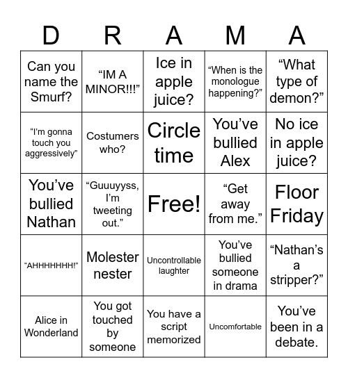 Drama class Bingo Card