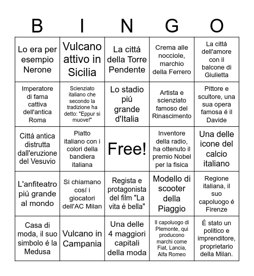 Un po' di cultura italiana per la 12C Bingo Card