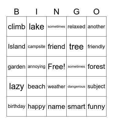 English Bingo Card