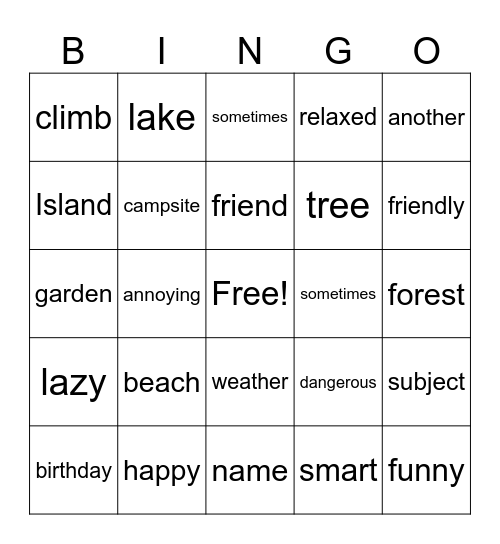 English Bingo Card