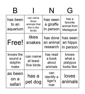 Animal Bingo Card