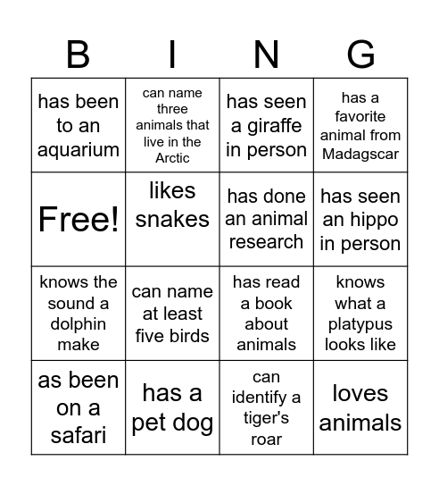 Animal Bingo Card